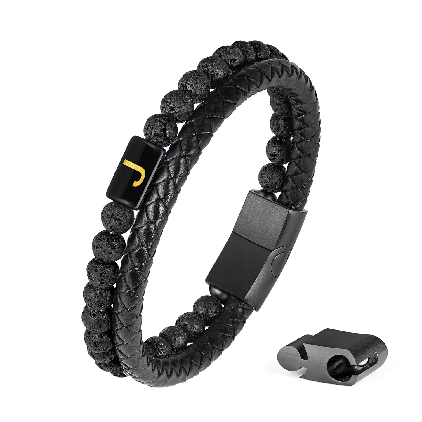 FOCOOG Gifts for Men Bracelet - Mens Gift Black Leather Bracelets for Men with Initial Lava Rock Bead Magnetic Clasp Leather Men's Initial J Bracelet for Men's Jewelry Mens Gifts for Dad Husband