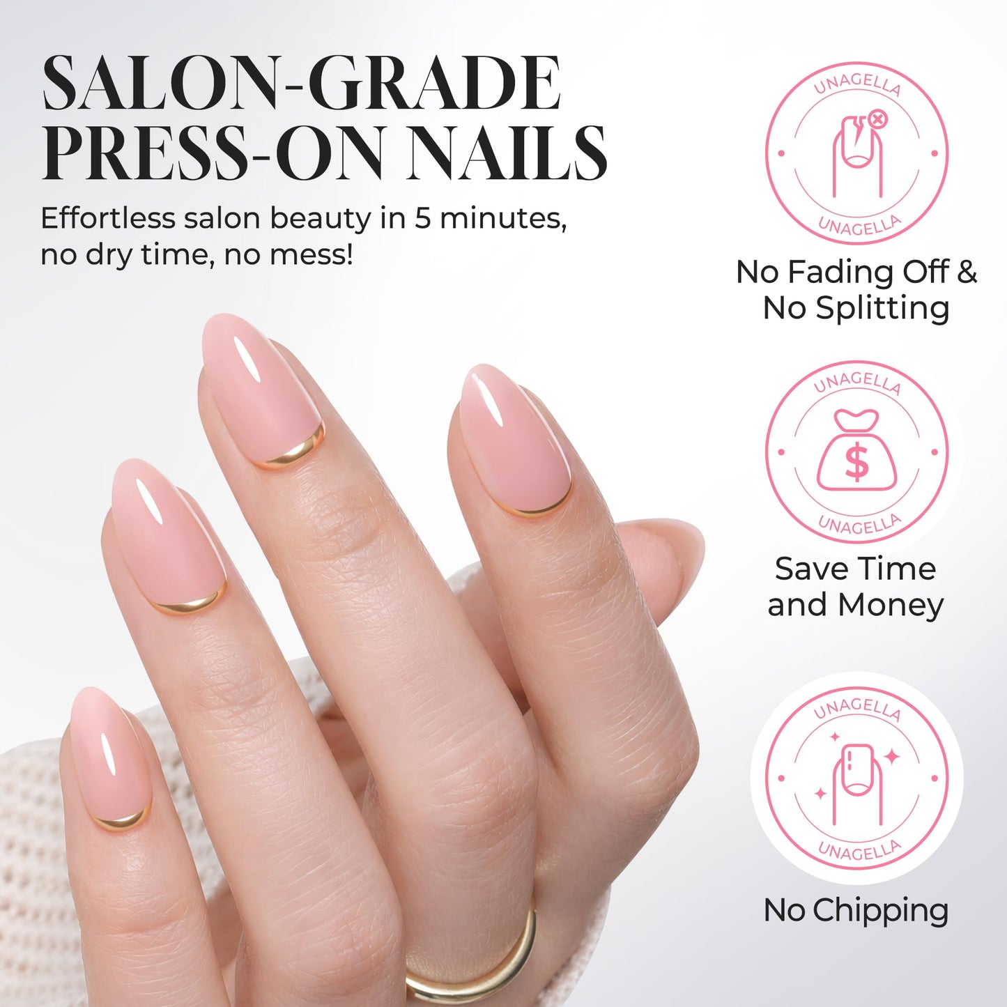 UNA GELLA 32Pcs Soft Gel Press on Nails - 16 Sizes Gold Rim Nude Pink Almond Glue on Nails, Reusable Elegant French False Nails, Full Cover Acrylic Nail Kit for Women DIY Home Manicure