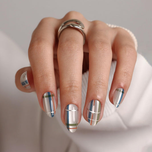 Silver Cat Eye Plaid Press On Nails - GJZEZ Soft Gel Vintage Tartan Short Almond Cateye Nails Press Ons with Blue Green Orange Check Stripes Design, 16 Sizes & 32pcs Reusable Fake Nails, Grid Shimmer