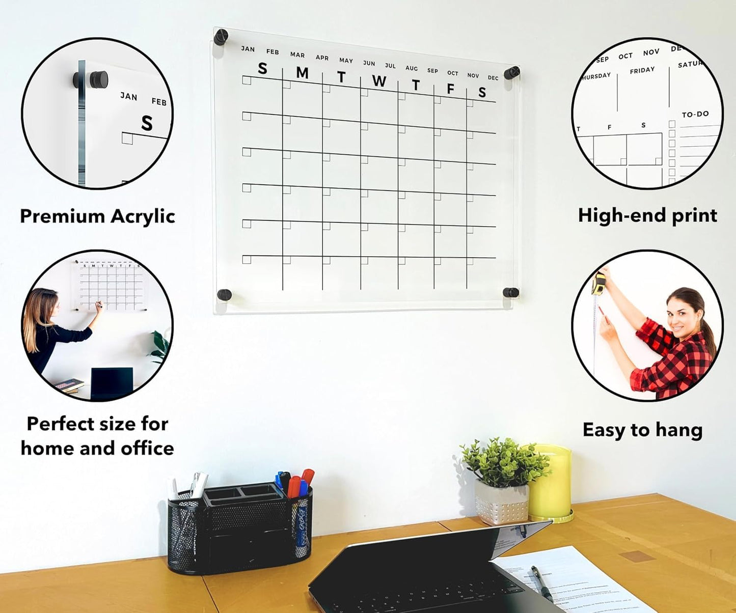 Premium Large Acrylic Wall Calendar - Reusable Board for Office and Home - Dry Erase Board - Large Glass Calendar for Wall (40x28" (XLarge), Black Standoff)