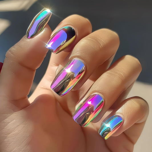 Chrome Press on Nails Medium Square Fake Nails Press ons with Glossy Holographic Gradient Acrylic Nails Metal Chrome False Nails Shiny Full Cover Glue on Nail for Women Manicure 24Pcs
