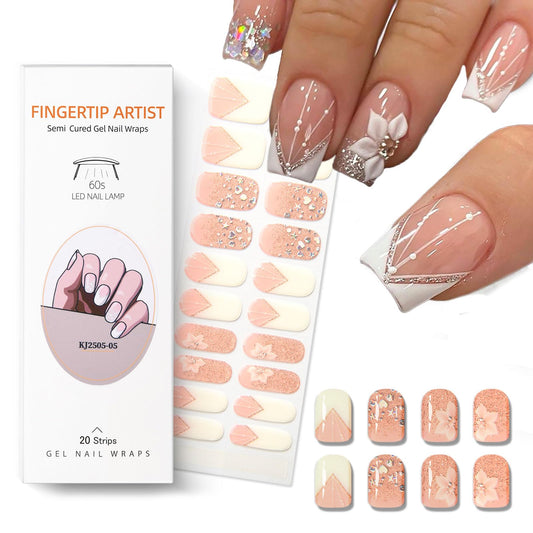 Semi Cured Gel Nail Strips French Tip Gel Nail Strips Whhite Flower Stickers Glitter Wraps Need UV/LED Light Salon Quality & Easy to Use for Women 20 Pcs