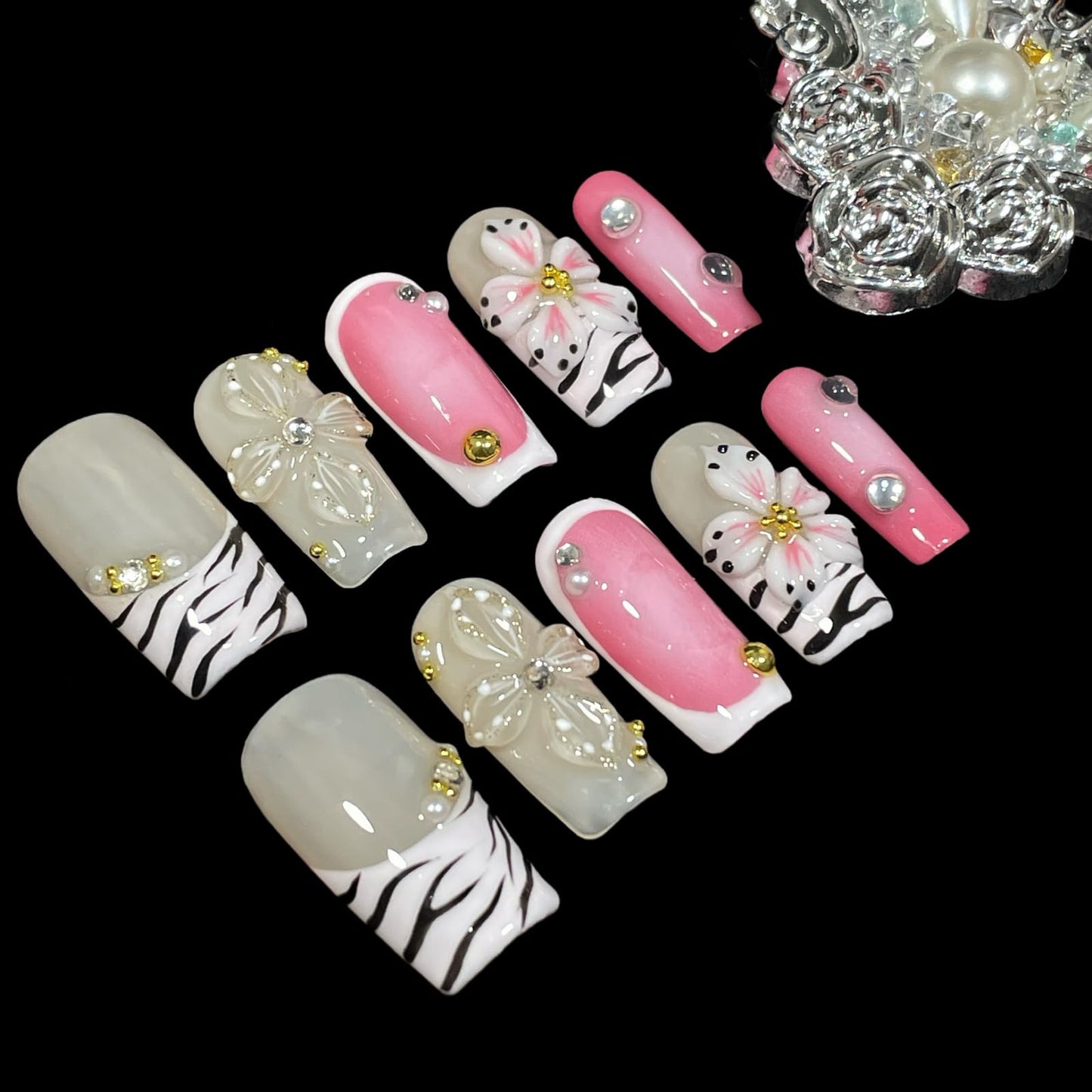 Handmade Press On Nails Short-Medium Square Bold Pink Zebra Stripes & 3D Floral | Glitter Flowers With Gold Accent | Reusable Acrylic Fake Nails for Parties & Daily (Pink Zebra, M)
