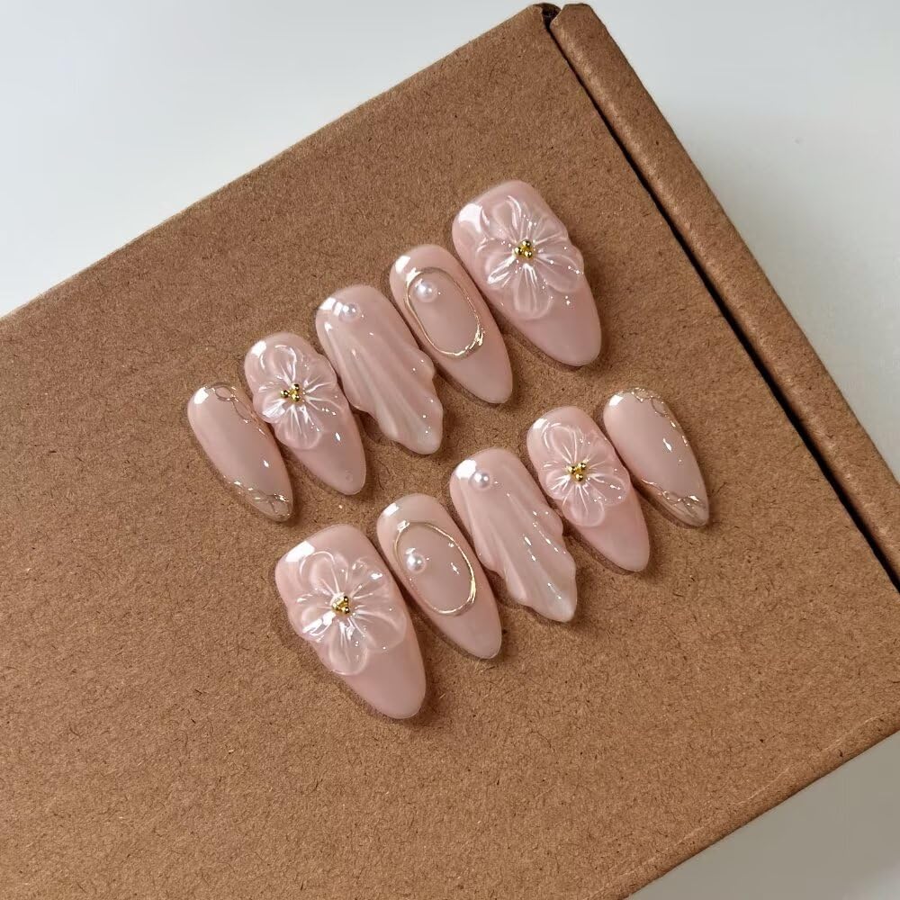 MAGLFELL 10 Pcs Medium Length Handamde Almond Press On Nails Reusable ABS Acrylic False Nails Set for Women (Size S)