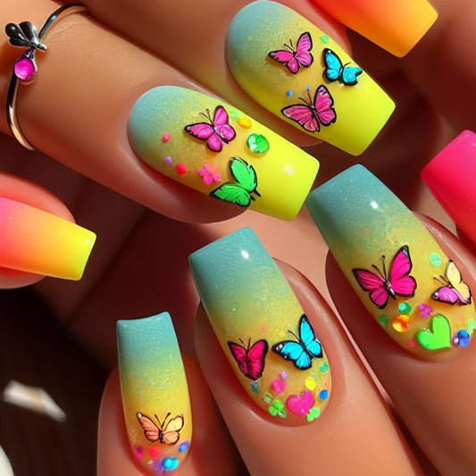 Colorful Butterfly Press on Nails Medium Ballet Shaped Flower False Nails Colorful Gradirent Acrylic Nails Full Cover Butterfly Stick on Nails Glossy Glue on Nails Artificial Nails for Women 24Pcs