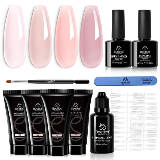 Beetles Poly Extension Gel Nail Kit, 4 Colors Milky White Nude Pink Neutral Poly Nail Gel Builder Hybrid Jelly Gel with Base&Top Coat Set DIY Nail Art Gift for Women
