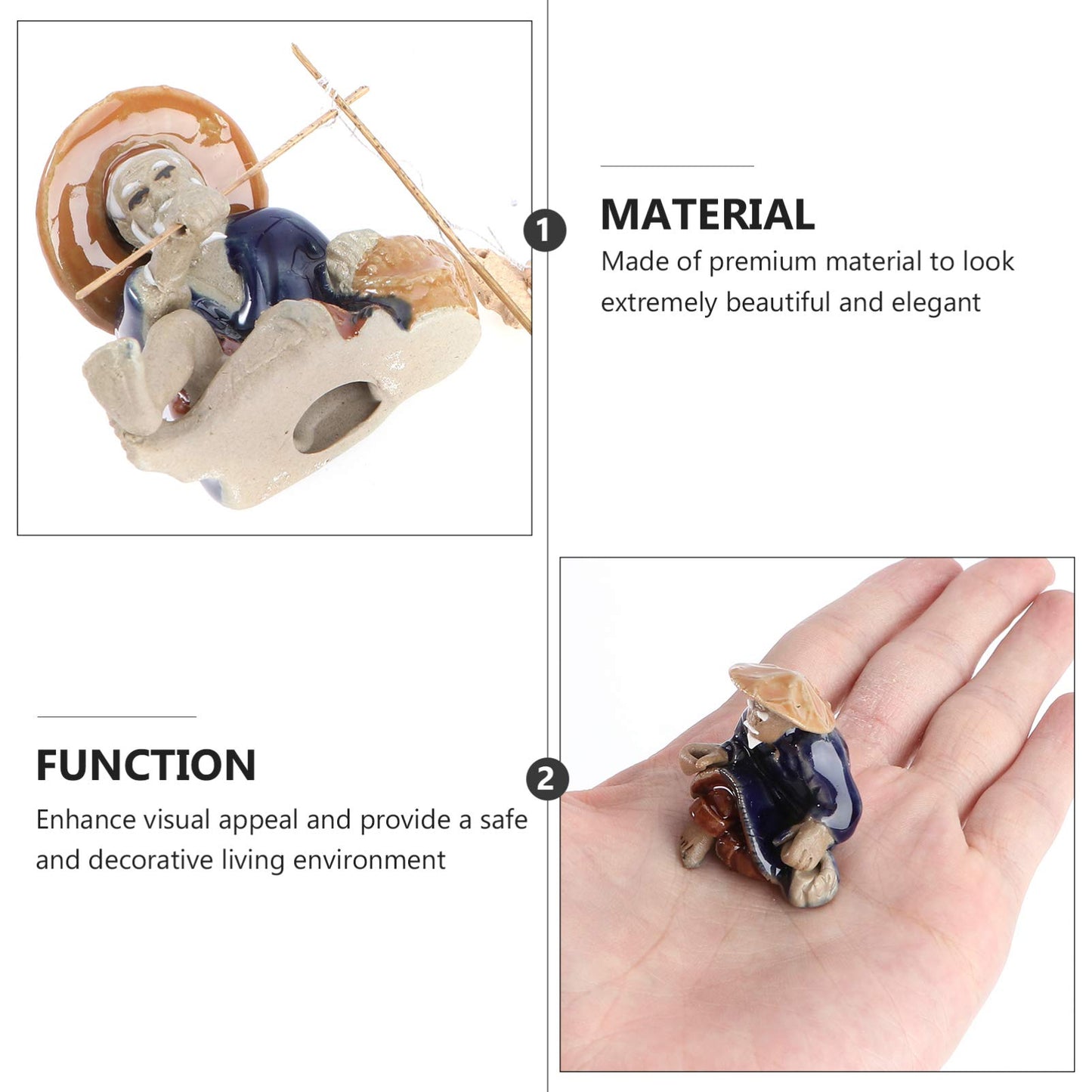 2Pcs Bonsai Collection Miniature Fisherman Figurines Ceramic Japanese Garden Decor, Mini Fishing Garden Statue, Fish Tank Landscape Ornament, Little Old Man Figure for Bonsai, Grey Brown