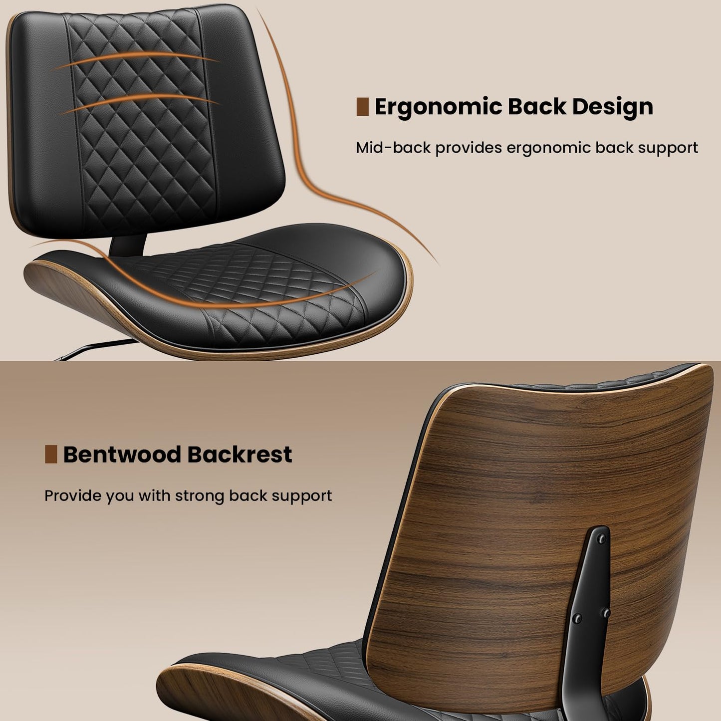 YaFiti Armless Office Chair, Mid Century Modern Desk Chair with Walnut Wood Back & SGS Level 3 Gas Lift, Swivel PU Leather Computer Chair for Small Space, Home Office, Bedroom, 300lbs Cap, Black