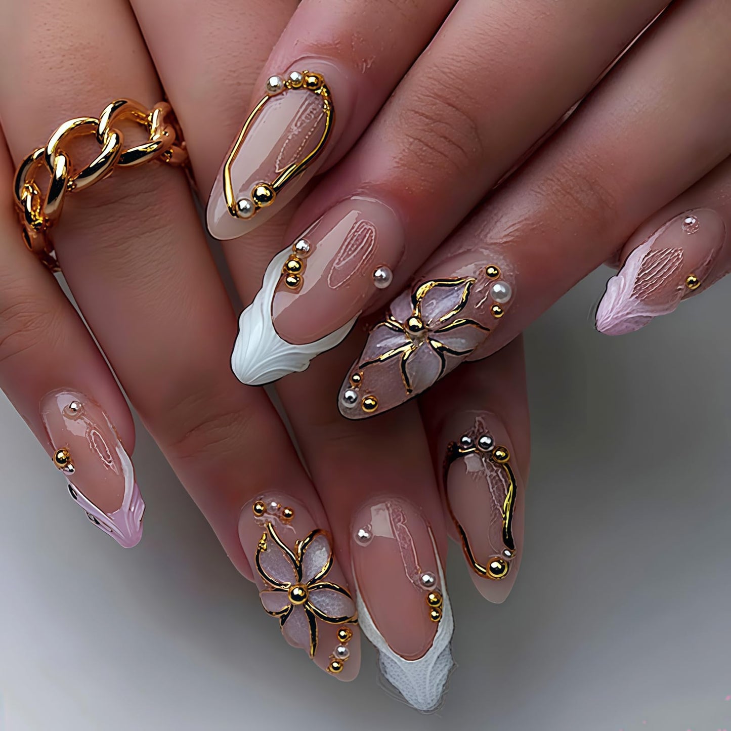 3D Wave French Tip Press on Nails - Medium Almond Fake Nails with Gold Flower | Line | Pearl Designs False Nails Spring Glue on Nails Full Cover Stick on Nails for Women Manicure 24Pcs