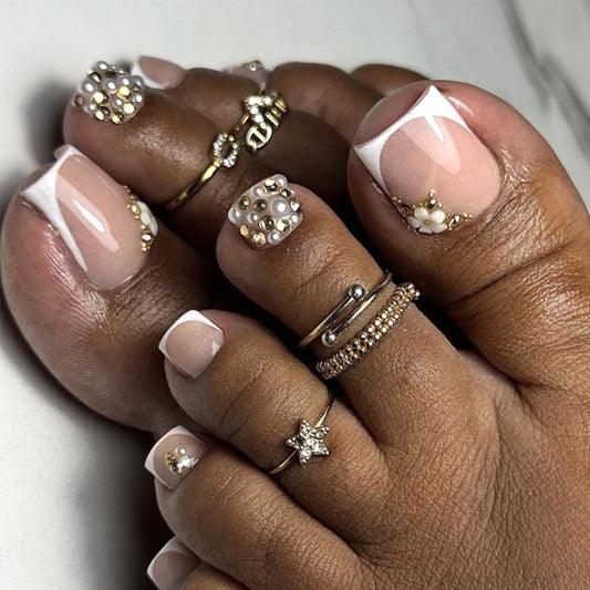 White French Tip Press on Toenails with Pearl Rhinestone Charms Short Glossy Fake Toe Nails Acrylic Flower Toenails Artificial Glue on Toe Nails Summer Toe Press on Nails for Women 24Pcs