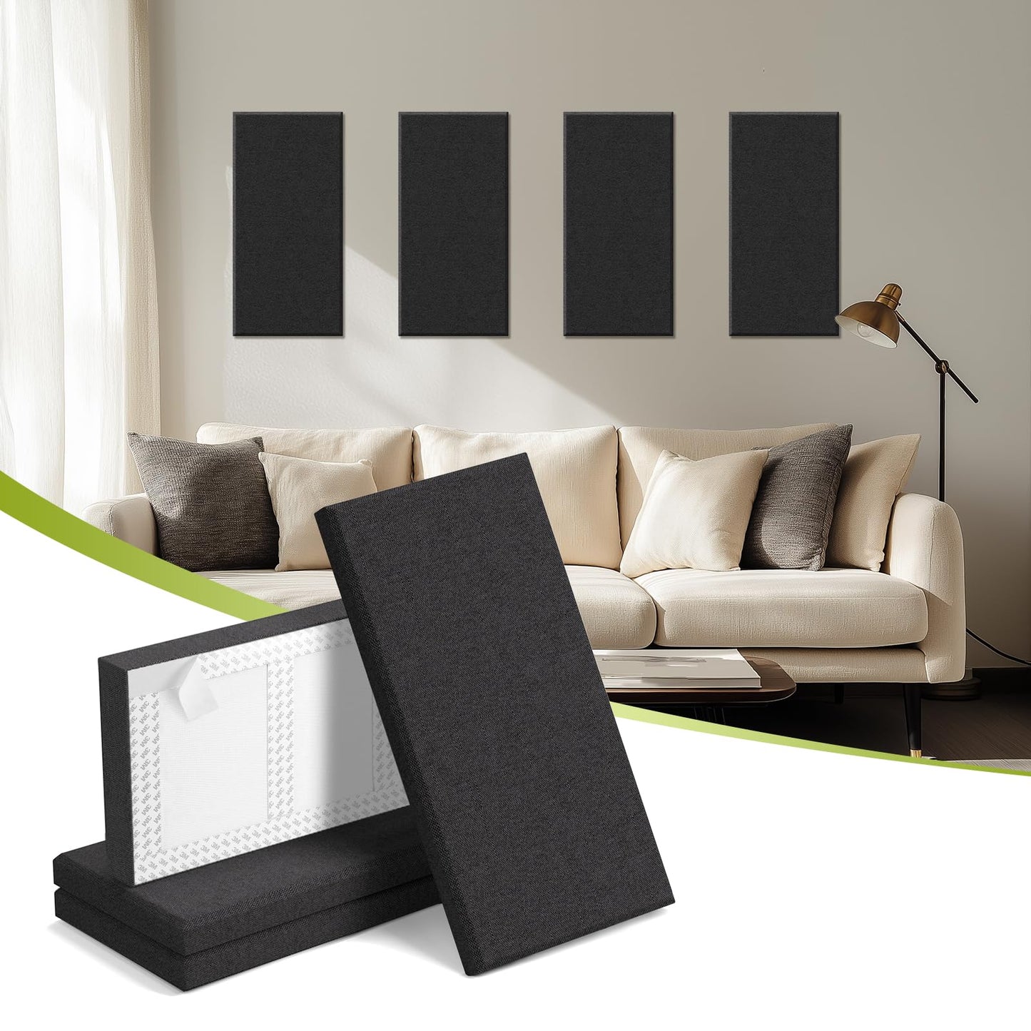 Laapee 4 PCS Acoustic Wall Panels, 23.6" x 11.8" Fiberglass Sound Absorbing Wall Panels with Easy Install & Class A Fire Rating, for Studio/Office/Home Theater & Gaming Rooms (Black)