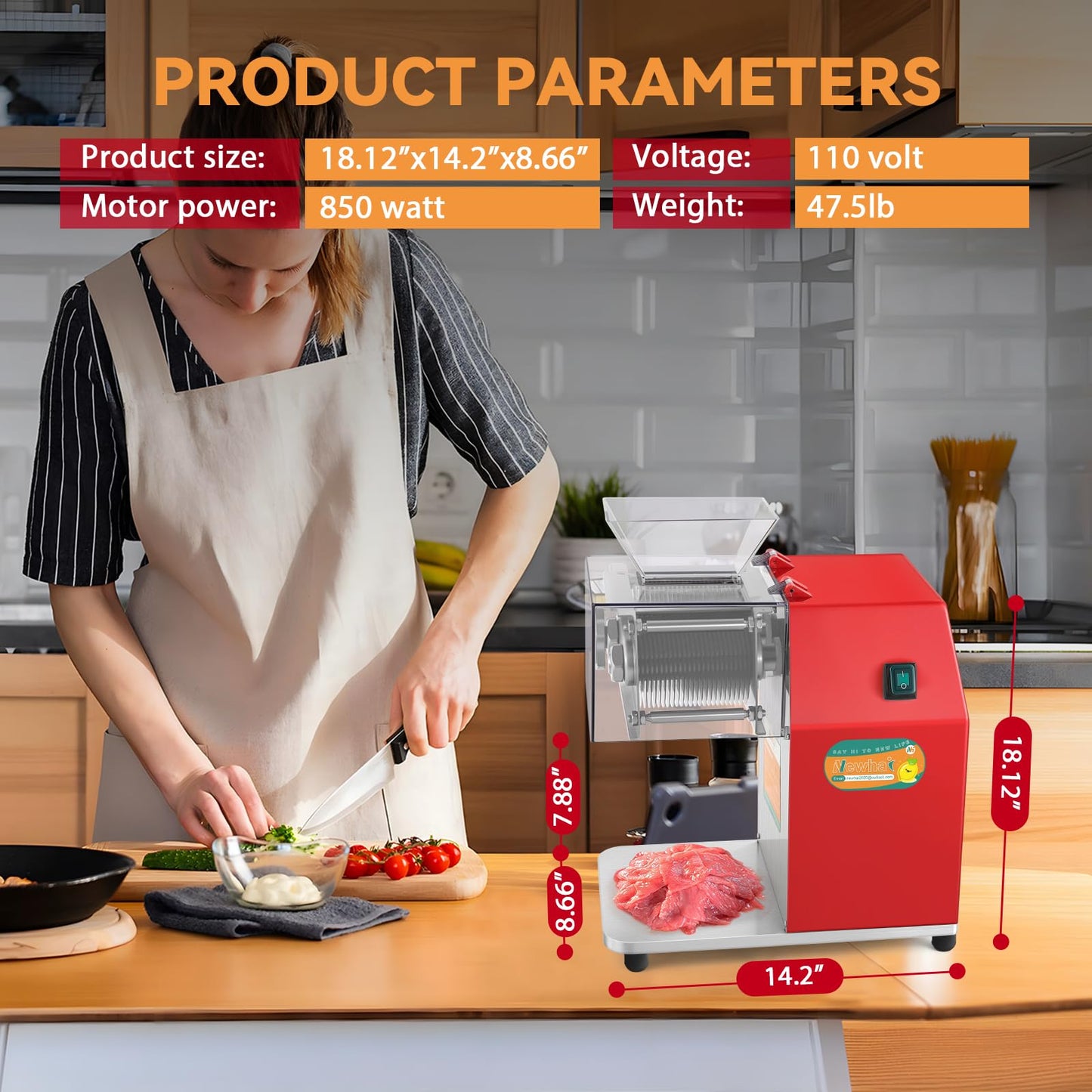 Newhai 850W Meat Cutter Machine, Commercial Meat Cutting Machine 20mm Heavy Duty, Stainless Steel Meat Slicer Shredder Restaurant, for Boneless Meat Soft Vegetables