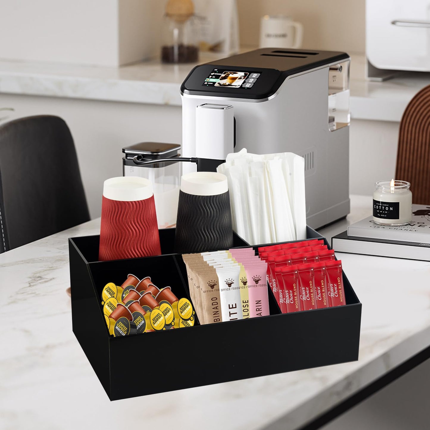 Watpot Coffee Bar Station Organizer for Countertop, Acrylic Coffee Pods Sugar Packets Tea Bags Storage Basket for Countertop, Black