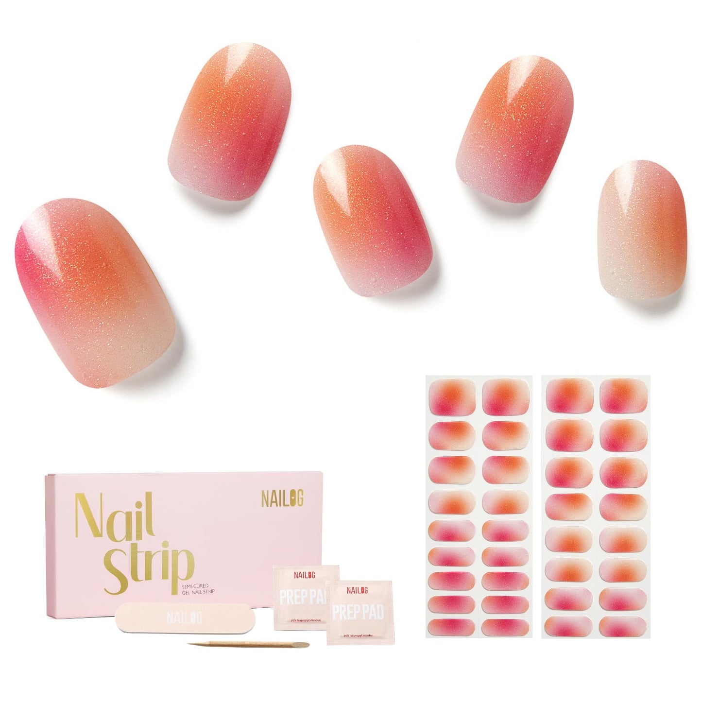 Semi Cured Gel Nail Strips - NAILOG 34 Pcs Nude Pink Gel Nail Stickers Extra Long Nail Wraps with Glossy Gel Finishing for Spring Summer, Pink Aurora