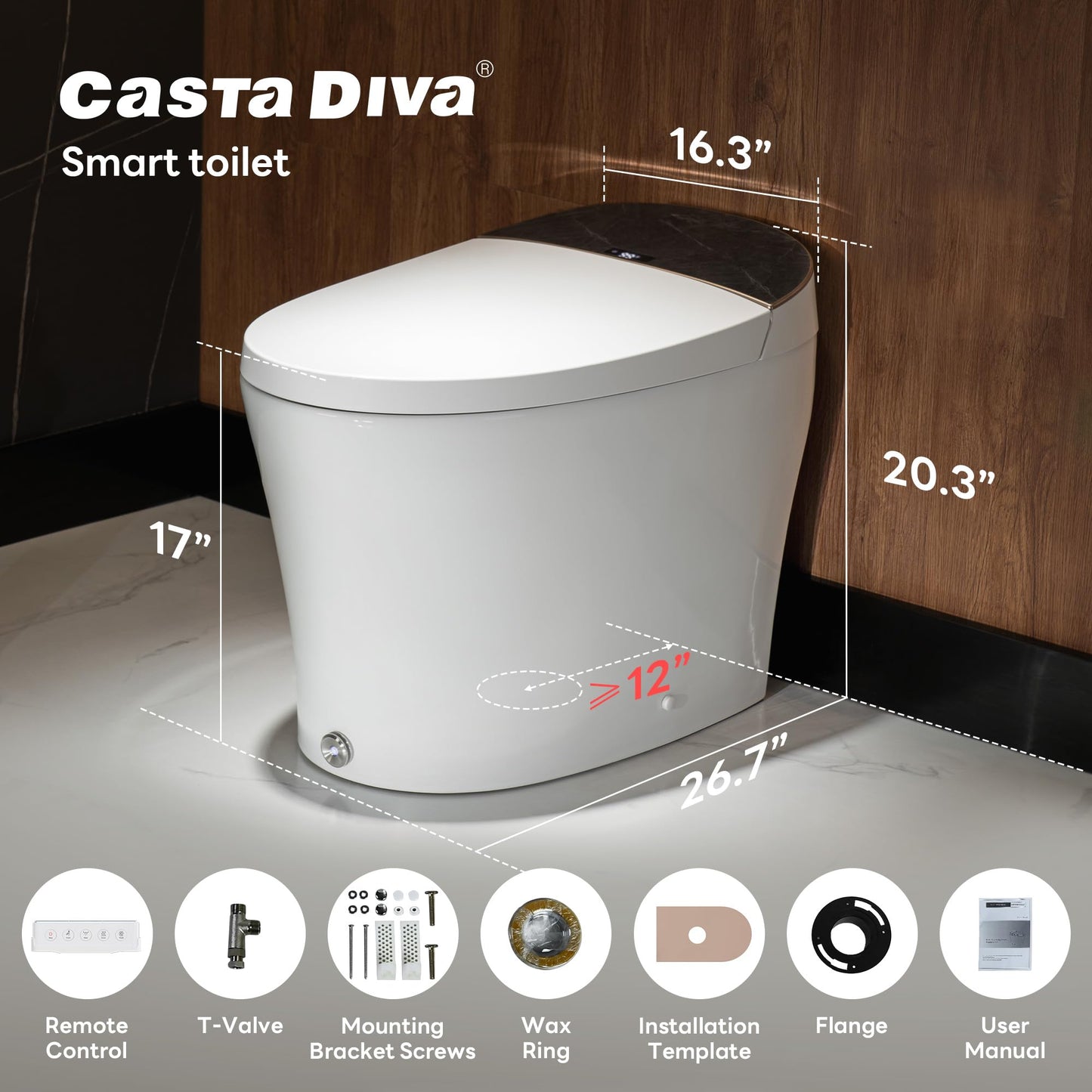 Casta Diva Smart Toilet with Bidet Built in, Auto Open/Close, Foam Shield, 1000g MaP Flush, Heated Seat, Foot Kick & Blackout Flush, Bidet Toilet with Night Light for Bathrooms