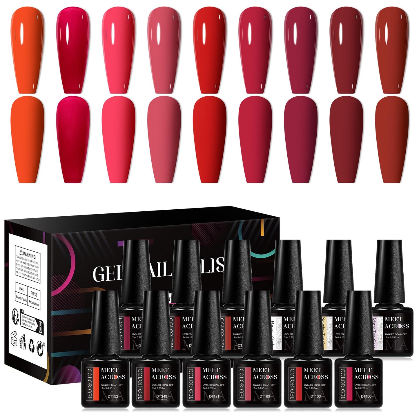 MEET ACROSS 12pcs Gel Nail Polish Set,Soak Off UV LED Lamp Gel Nail Polish Kit,Fashion Shimmer Nail Art Design Gifts for Women Manicure Salon (Red)