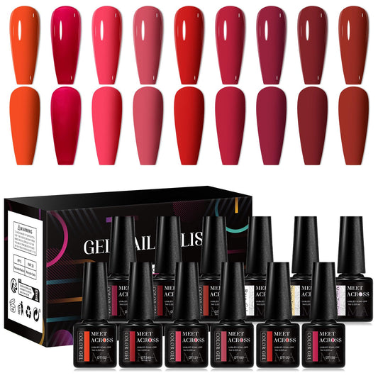 MEET ACROSS 12pcs Gel Nail Polish Set,Soak Off UV LED Lamp Gel Nail Polish Kit,Fashion Shimmer Nail Art Design Gifts for Women Manicure Salon (Red)