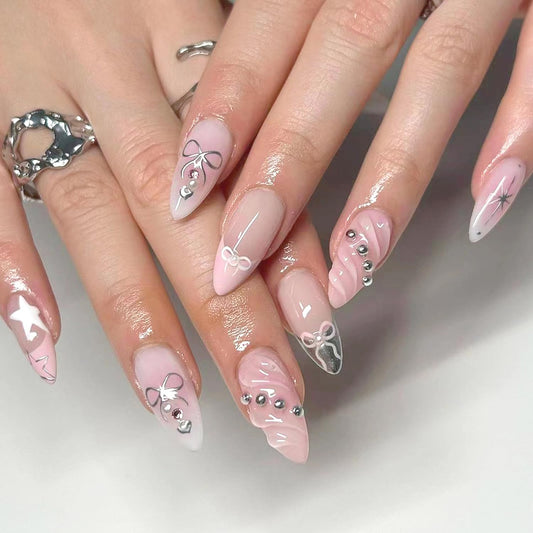 24Pcs French Tip Nails Medium Almond Fake Nails Tips Cute Bow Rhinestones Glitter Designs 3D Pink False Nails Silver Star Stick on Nail Full Cover Glue on Artificial Nail for Women Manicure