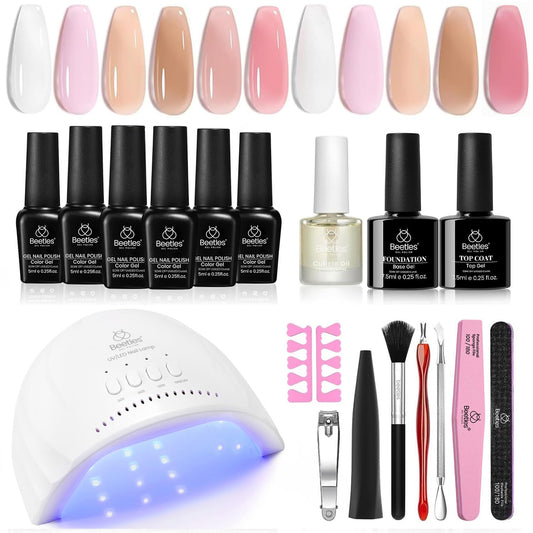 Beetles Gel Nail Polish Kit with U V LED Light - 6 Colors Jelly Milky White Sheer Pink Nude Gel Polish Starter Kit Manicure,Soak Off U V Nail Polish Set Salon DIY
