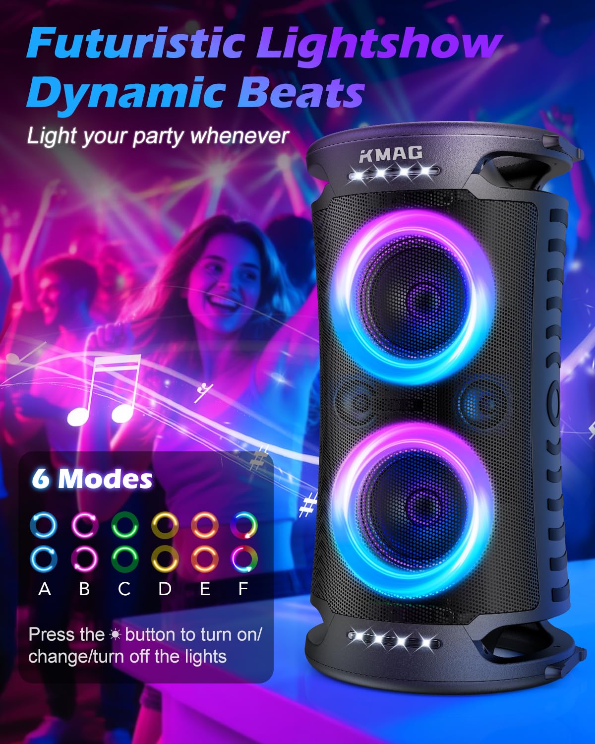Large Party Bluetooth Speaker, 260W Peak Powerful Loud Sound with Deep Bass, 15Hr Playtime, Fast Charge, RGB Cool Light Show, TWS, Portable for Outdoor Beach, Camping, Backyard, Work, Home (Black)
