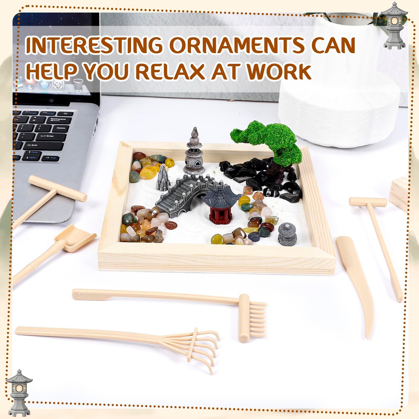 Angirlish 25PCS Zen Garden Kit for Desk Decor, 7.87" Sand Zen Garden Gifts Mini Sandbox Set Included Wooden Tray Rake Tools and Accessories, Sand Tray Therapy for Meditation Room Office Home(Park