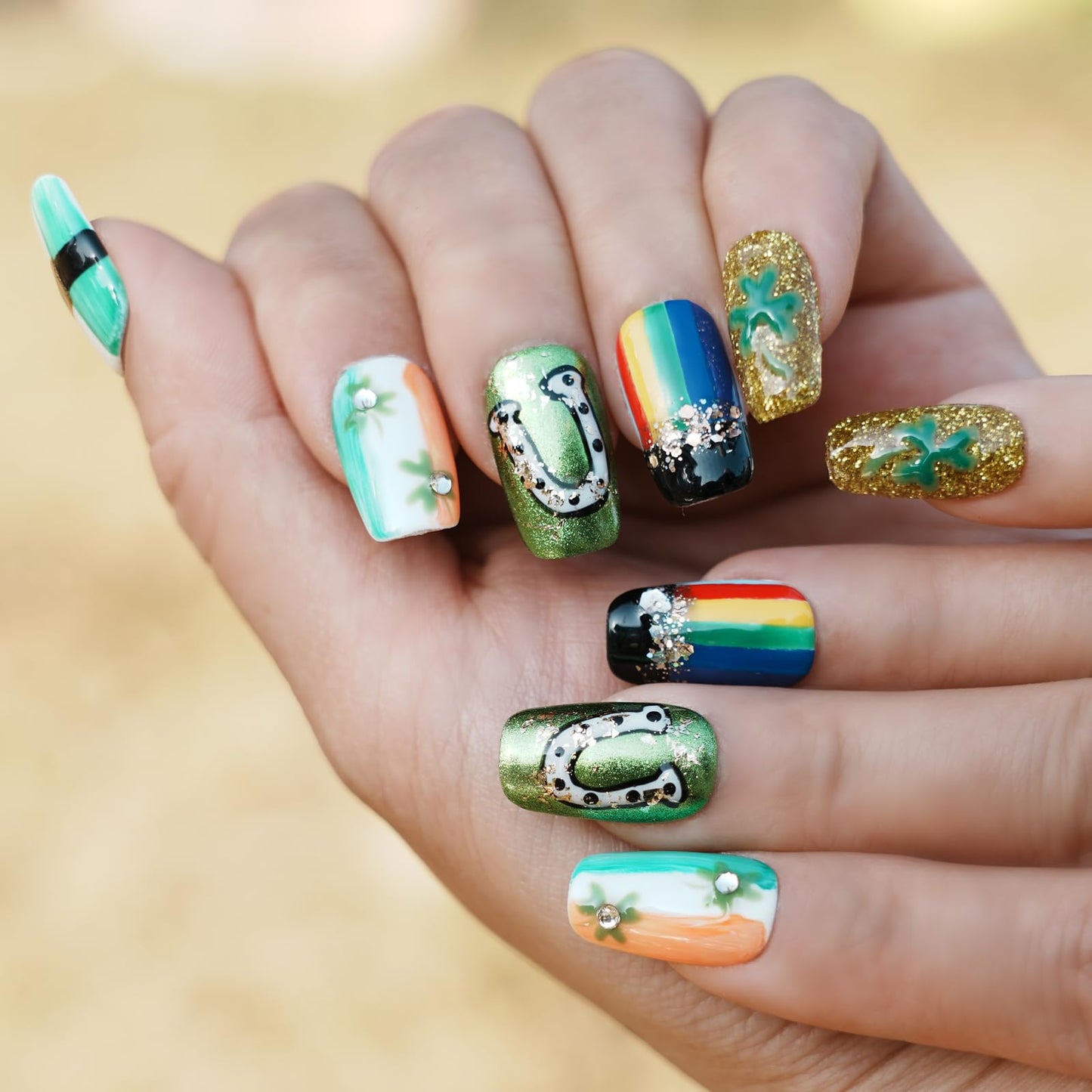 Tesytto Medium Square Press on Nails - Irish Flag Green White Orange Nails with Lucky Shamrock & Belt Design, Rainbow & 3D Gold Glitter Spring Summer Fake Nails (Size S)