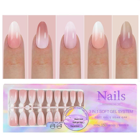 150 Pcs Almond Press on Nails - White Gradient Press on Nails Almond Acrylic Nails Nail Set Stick on Nails Nail Tips Almond Shape White Press on Nails for Gift