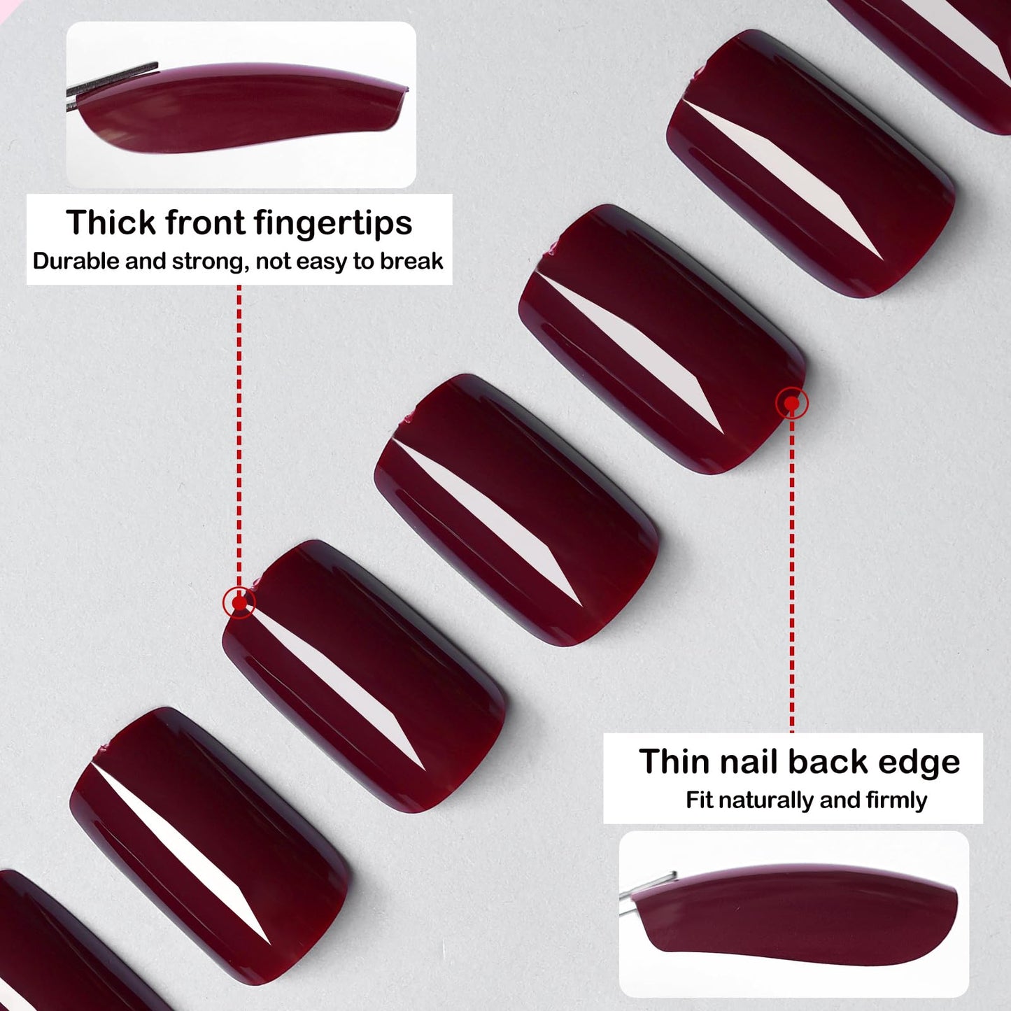 LoveOurHome 240pc Christmas Wine Red Press on Nails Medium Square Fake Nails Press ons Square Nail Tips Gel False Nails Presson Artificial Fingernails & Glue Adhesive Tabs Women Girls Manicure Decor