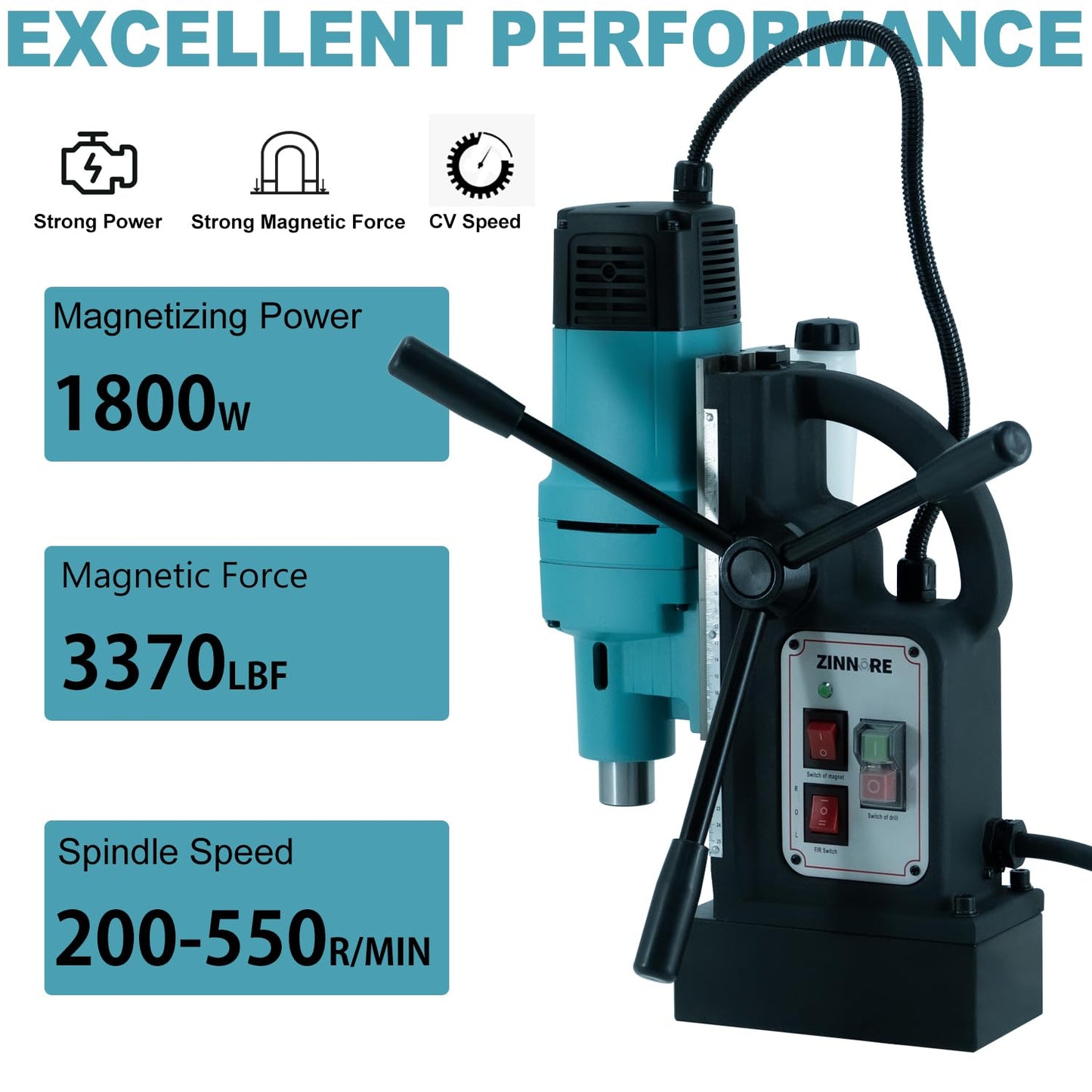 Zinnore Mag Drill Press, 1800W Magnetic Drill, 3370lbf/15000N Mag Force, Portable Electric Mag Drill Press for Metal Surface