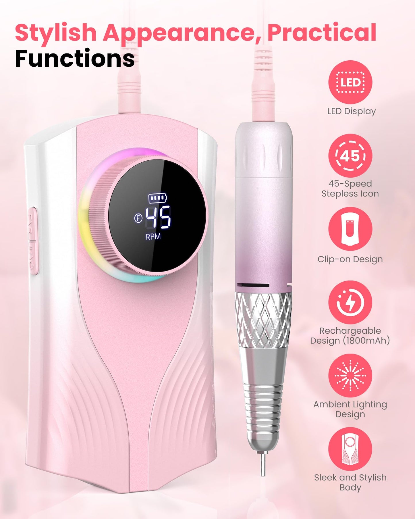 Nail Drill Professional 45000 RPM, Electric Nail File with LED Display & 45 Speeds, Rechargeable Nail Drill Kit for Acrylic Gel Nails, Manicure Pedicure at Home Salon (1800mAh-Pink)