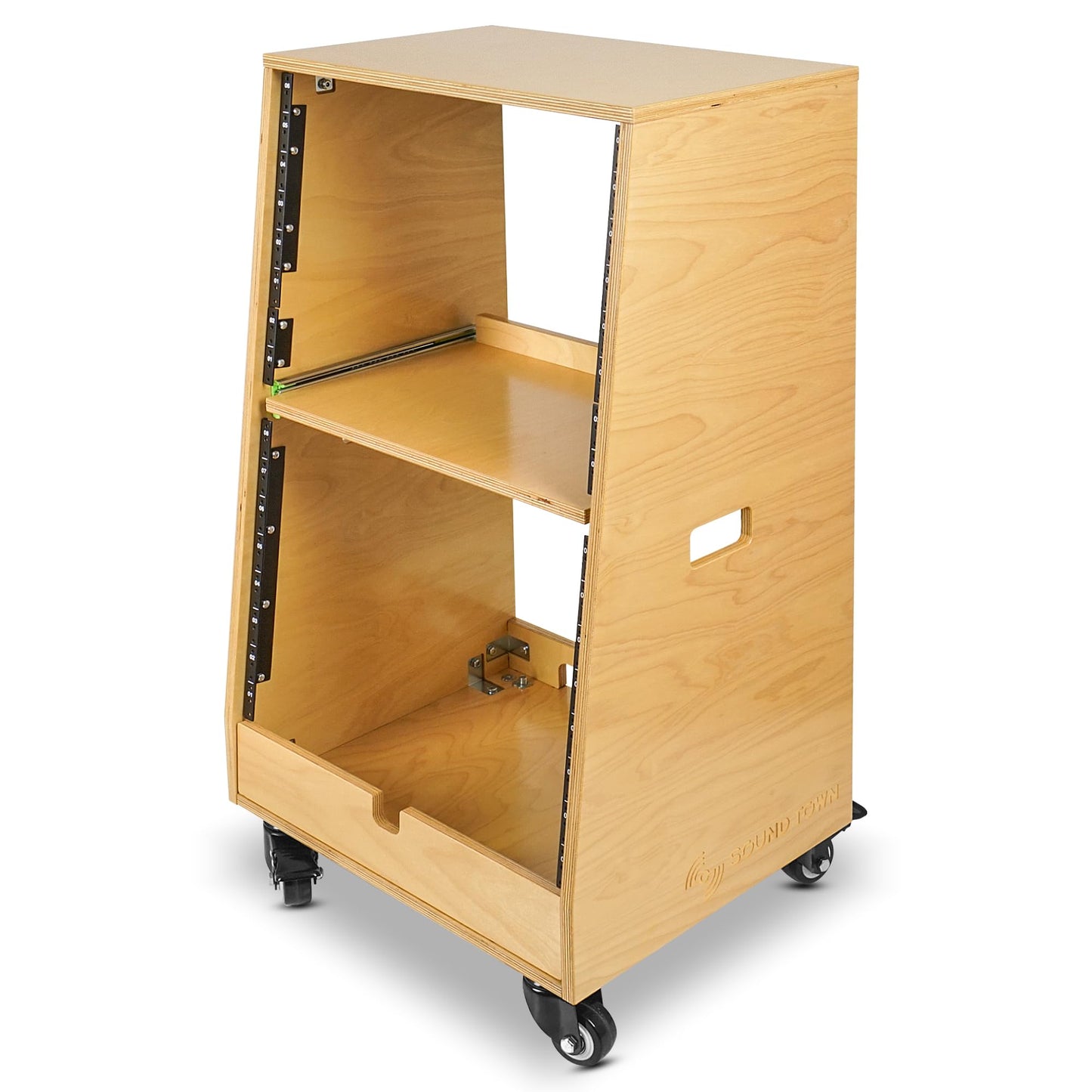 Sound Town DIY Slanted 16U Studio Rack (8U Top + 8U Lower), with 2U Bottom Storage, Slide-Out Tray, Caster, Plywood, Golden Oak for Recording Room, Home Studio (SDRK-ST16T)