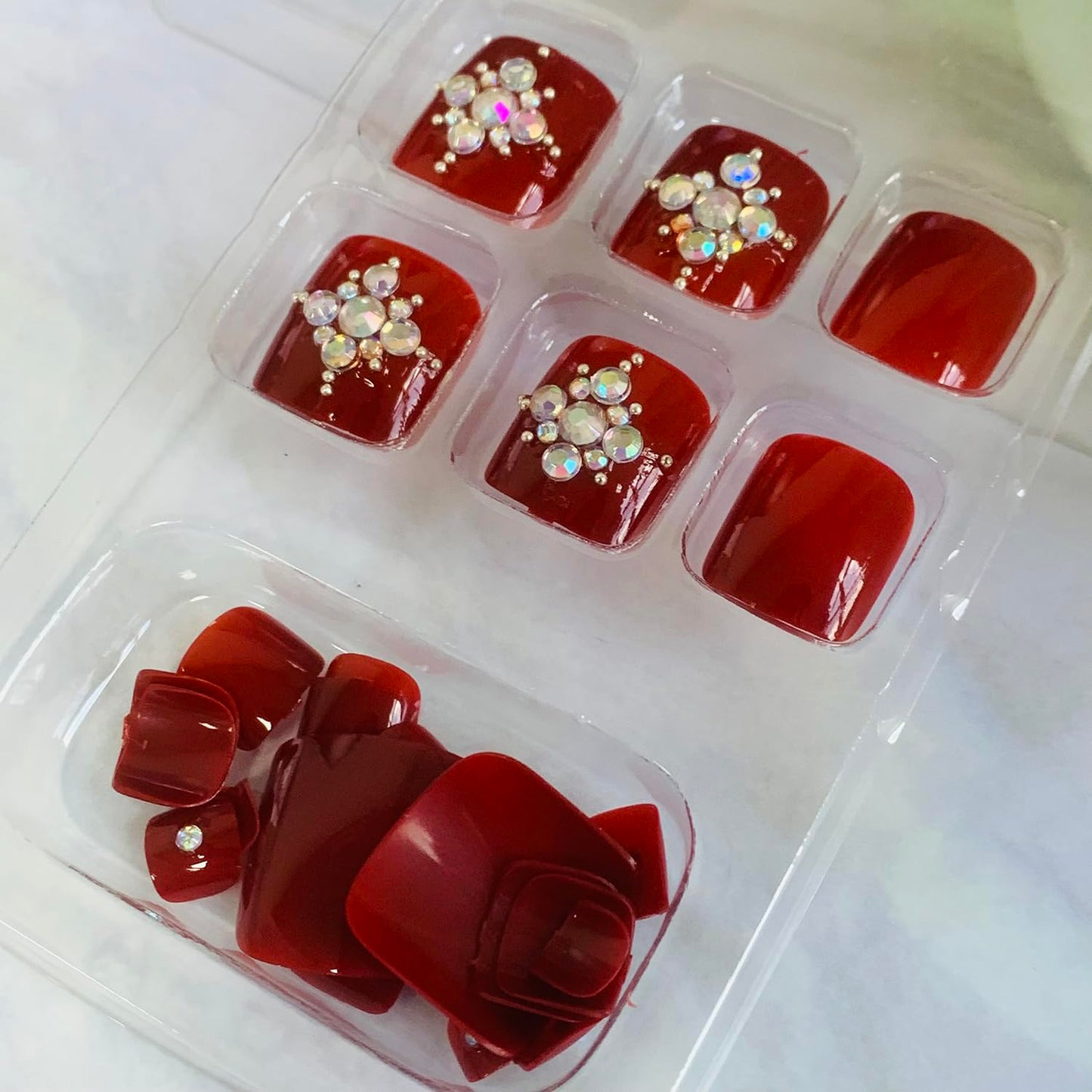 Red Artificial Acrylic Fake Nails for Toe, Press on Toenails Coffin with Rhinestone Designs, Full Cover Reusable False Toenails with Glue, Glue on Toe nails with Charm for Women Girls（JP1057）