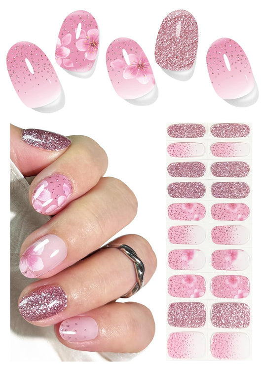 UV Gel Nail Stickers, Spring, Pink Sakura 20pcs Semi Cured Gel Nail Strips, Wraps for Home Manicure DIY