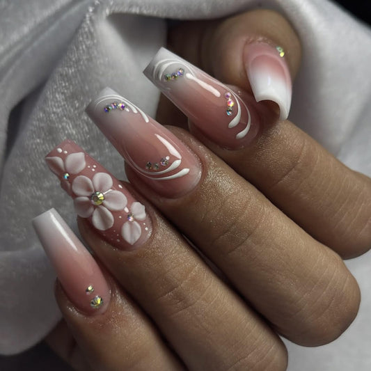 Coffin Press on Nails White Gradient Tip Fake Nails with Rhinestone Designs 3D Flower Medium Length Nails Press ons Spring Glue on Nails French Tip Full Cover Stick on Nails for Women 24Pcs