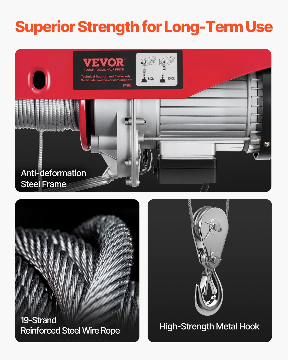 VEVOR Electric Hoist, 1760 lbs 120V Electric Winch with 328 ft Wireless Remote Control, 40 ft Single Cable Lifting Height, Single/Double Slings, Emergency Stop, Lift Hoist for Garage Warehouse Factory