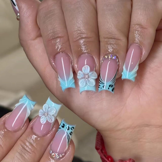 MISUD Press on Nails - Long Square Glue on Nails with Blue French Tip, Acrylic Summer Flower Design 24 pcs