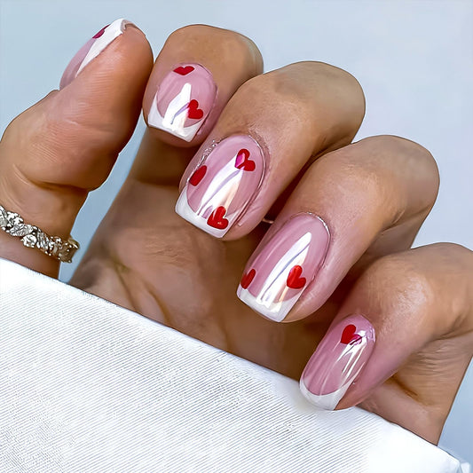 French Tip Press on Nails Short Square Fake Nails Red Heart False Nails with Glossy Metal Chrome Acrylic Nails Shiny Valentine's Glue on Nail for Women Manicure Decoration 30Pcs
