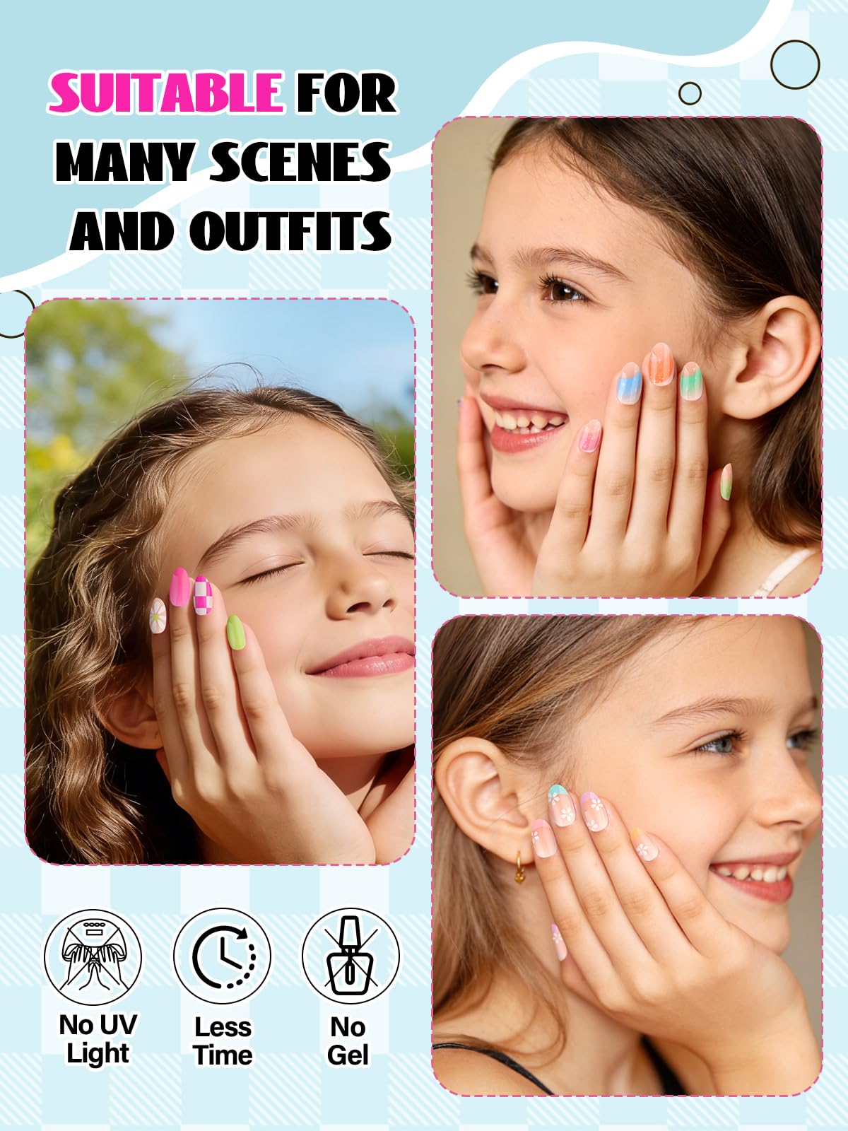 72 Pieces Press on Nails Grils, EBANKU Kids Fake Nails with Glue Kit Full Cover Short Acrylic Nails Art Decoration for Girls 8-12