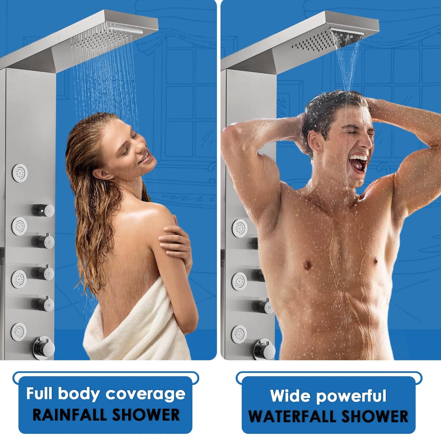 ROVOGO Shower Panel Tower with Rainfall Waterfall Shower Head, 5 Body Jets and 3-Function Handheld, High Pressure Rain Massage System, Wall-Mount Shower Column, Stainless Steel Brushed