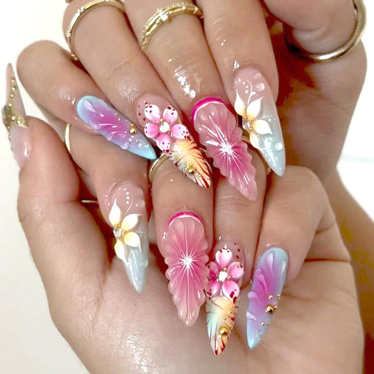 24Pcs Handmade Almond Press on Nails Fake Nails 3D ice Flower Stripes False Nails with Pink Gradient Gold Beads Designs Glitter Rhinestones Nails French False Stick on Nail for Women DIY Tips