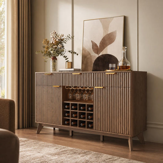 60" Wide Fluted Wine Bar Cabinet with 2 Side Cabinets, 3 Drawers, 4 Glass Holders & 12 Wine Racks, Modern Buffet Sideboard with Storage, 2 Door & 3 Drawer Buffet Sideboard for Kitchen, Dining Room