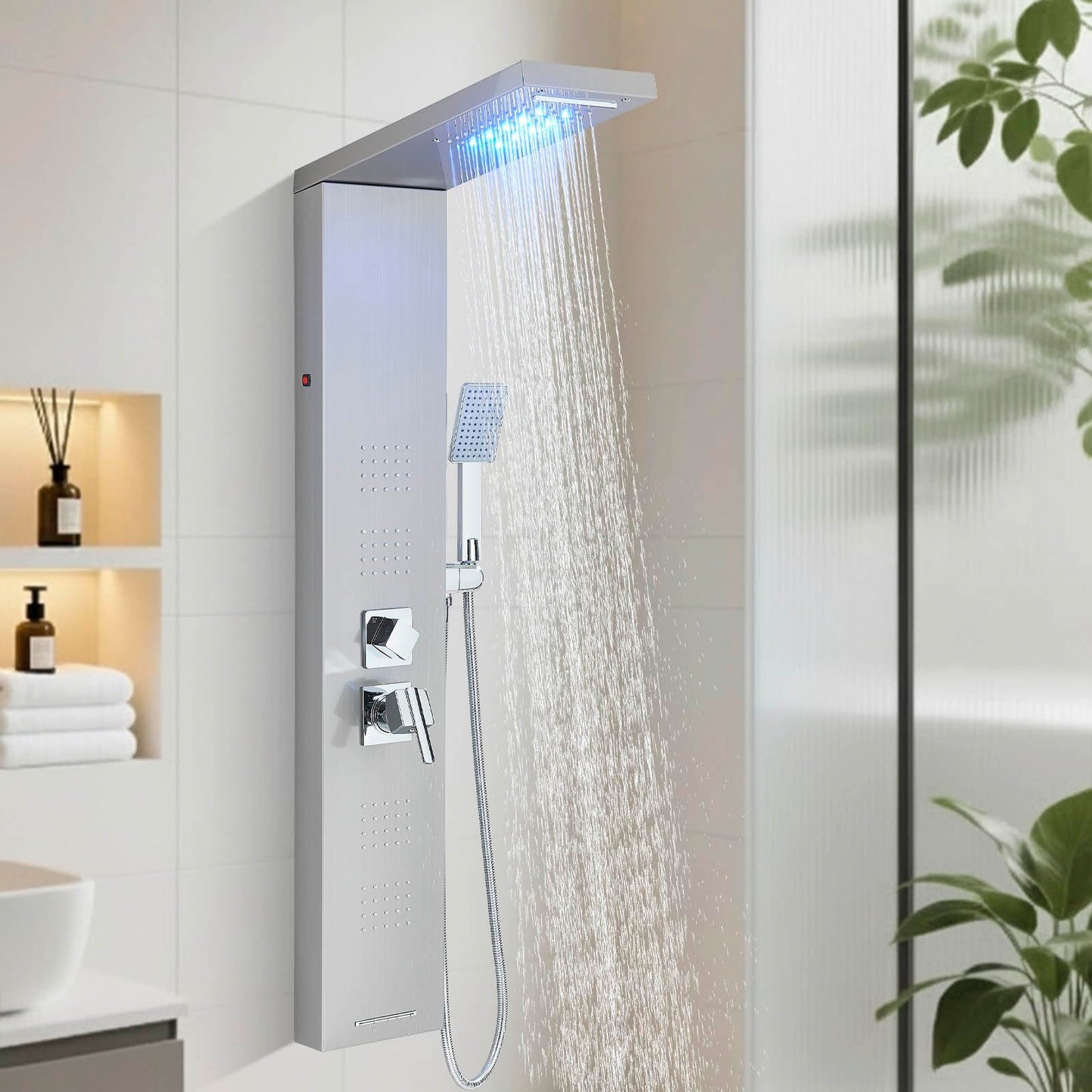 FUZ Shower Panel Tower System, Stainless Steel 5 IN 1 Shower Panel System with LED Fancy Rain Shower Head and Handheld, Adujstable Rainfall Massage Body Jets and Tub Spout, Brushed Nickel Shower Tower
