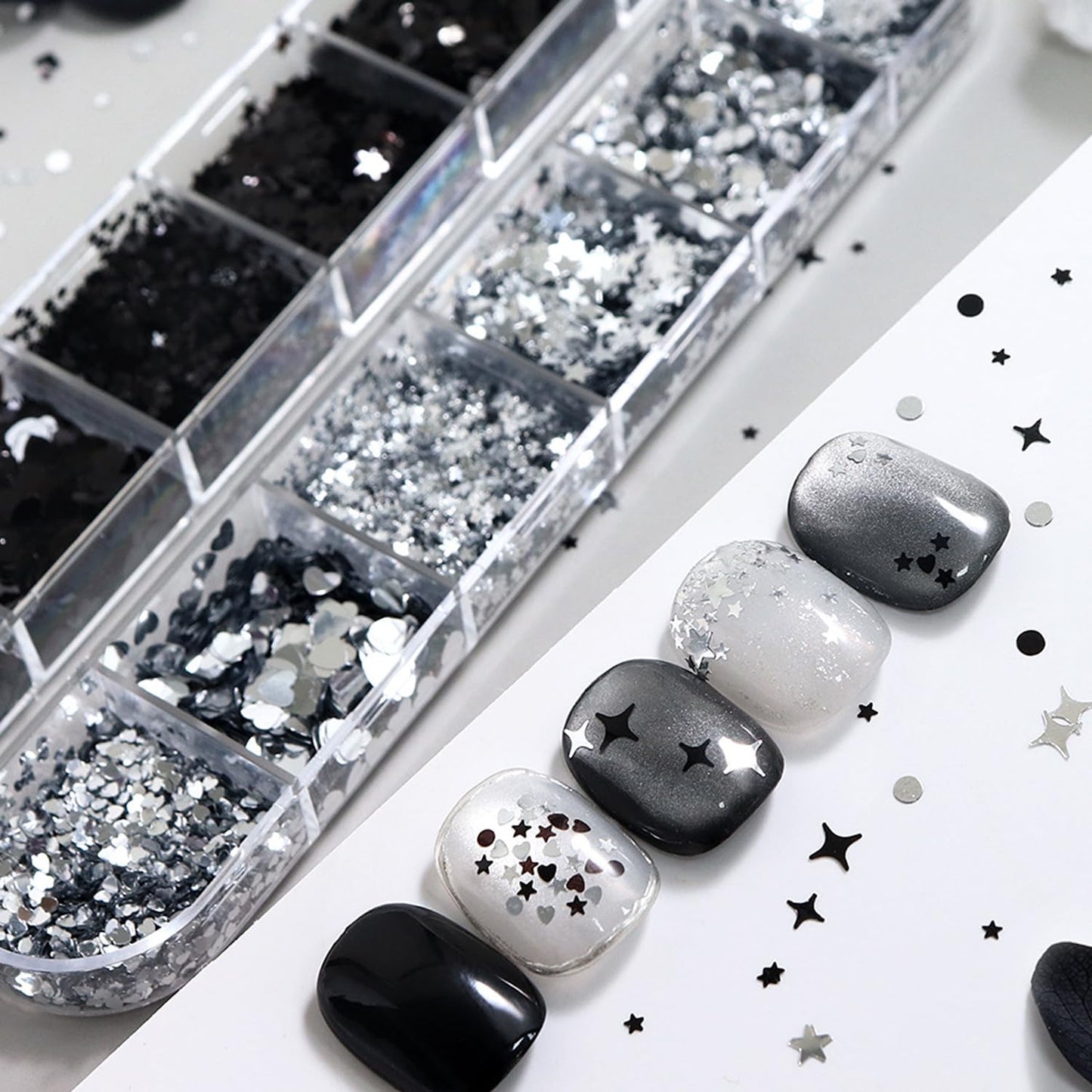 12Grids Silver Black Mini Mixed Nail Art Glitter Kit - Sparkle Heart Star Round Nail Glitters Sequins 3D Holographic Silver Nail Flake Y2K Shiny Nail Supplies Acrylic Nails Tips Accessories for Women