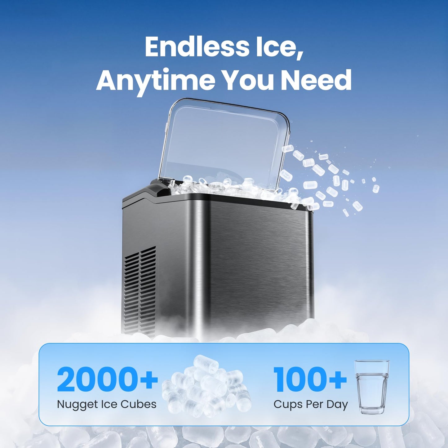Nugget Ice Maker Countertop, 35lbs/24H Sonic & Chewable Pellet Ice, Portable Crushed Ice Machine, Self-Cleaning Anti-Scale System, 10 Cleaning Packets, Quiet Operation, Stainless Steel
