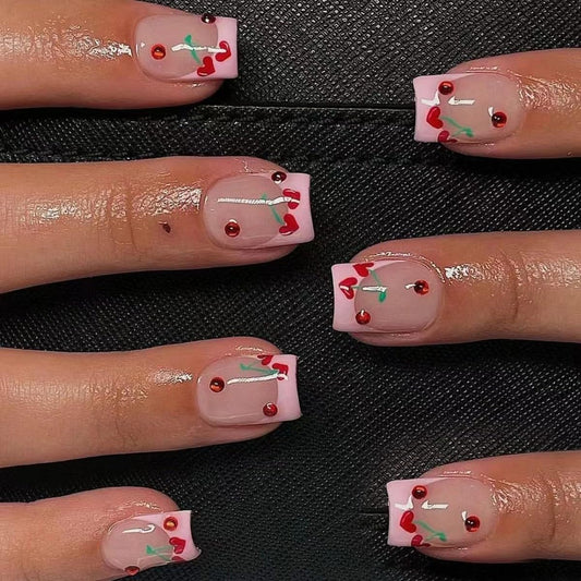 24pcs French Cherry Press-On Nails Short Square False Nails Red Cherry Heart Ruby Design Acrylic Glossy Red Rhinestone Nails for Valentine's Women's Nail Decoration
