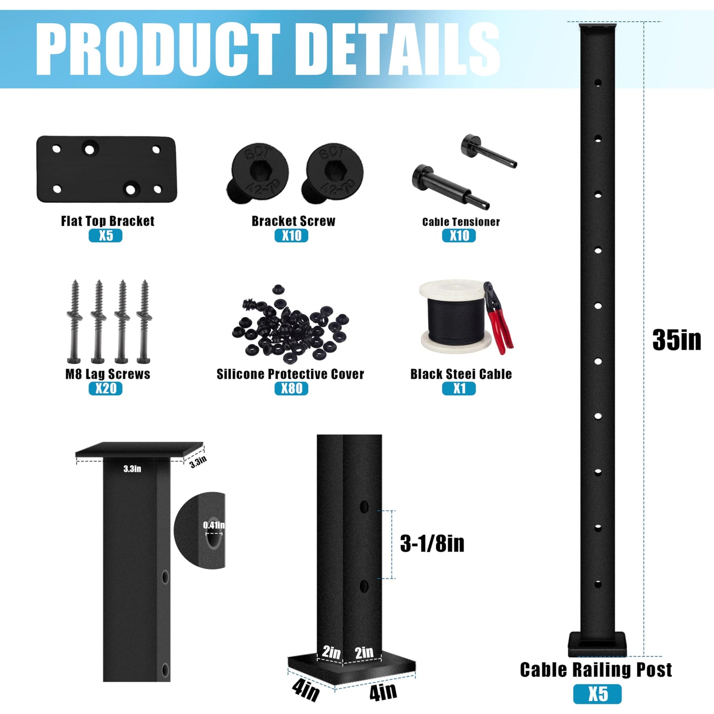 Patavin Complete Set 36" Cable Railing Post Kit, Black Level Drilled Cable Railing Post, Invisible Cable Railing System Kit, 1/8" Stainless Steel Cable, 5Pack Posts with Cable Grommets (No Handrail)