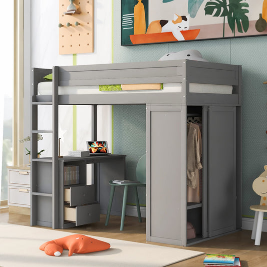 Merax Loft Bed Twin with Desk and Wardrobe, Storage Design with Drawers & Cabinet, Wood Loft Bed Frame for Adult, Teen Girls & Boys(Grey)