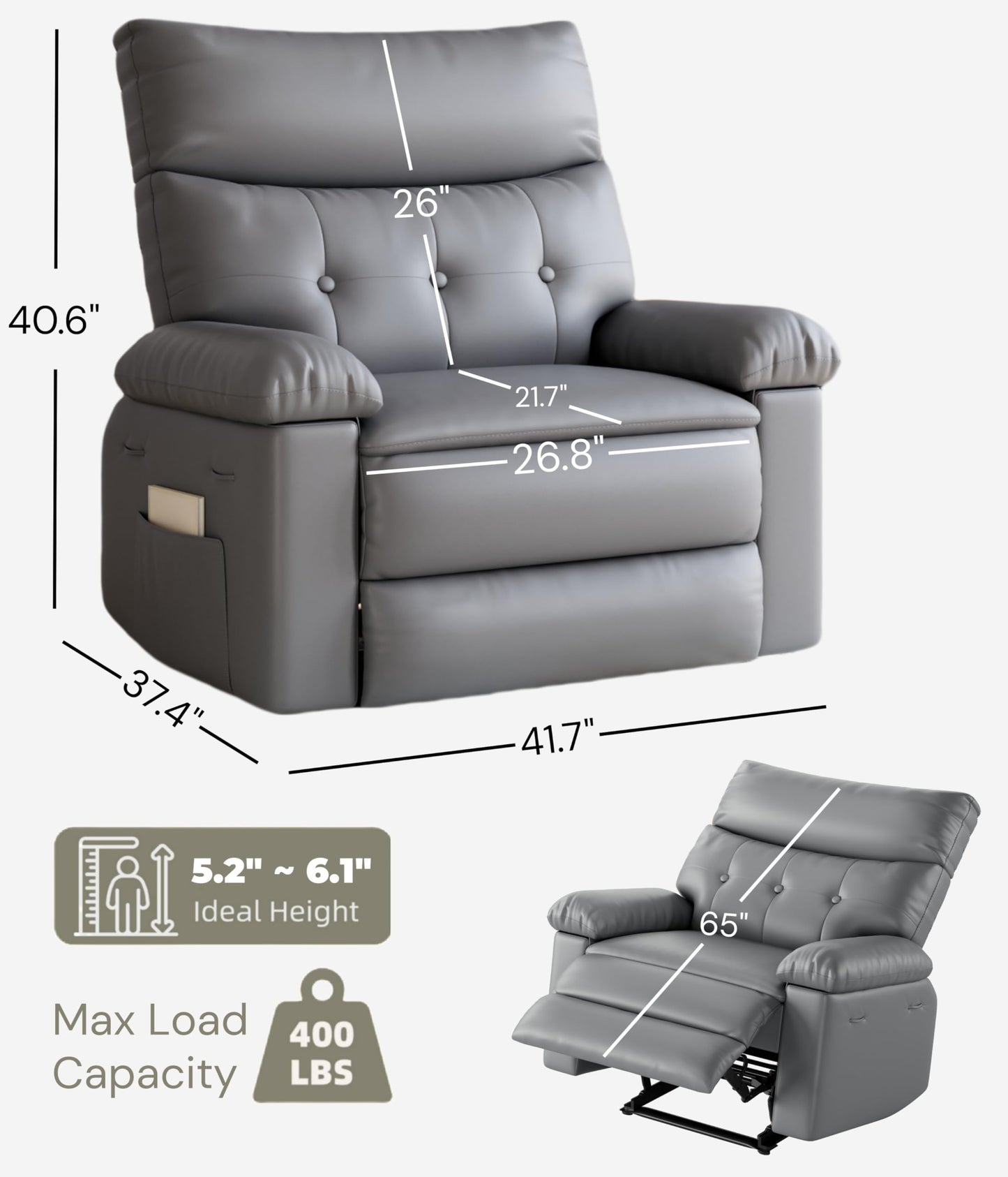 GarveeHome Oversized Wide Recliner Chair - Heat and Massage, PU Leather Extra Wide Manual Recliner for Adults, Large Lazy Chair with 1.5X Sponge Comfort Arm and Back for Living Room, Bedroom