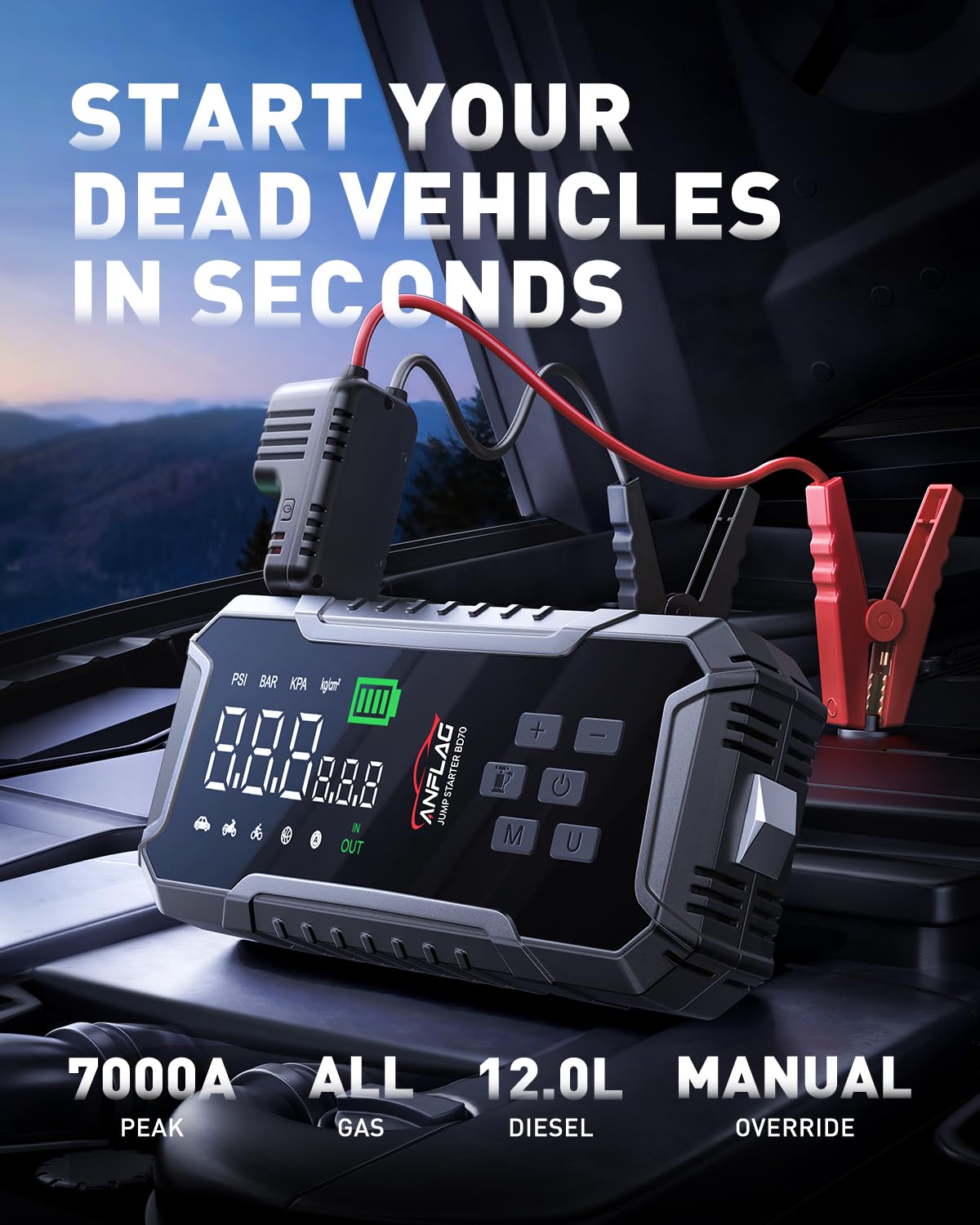 ANFLAG Car Jump Starter with Air Compressor 160PSI, 7000A Car Battery Jumper Starter Portable 12V Jump Box(All Gas/12L Diesel), Cordless Tire Inlfator, 26800mAh Powerbank, Led Lights, Safety Hammer