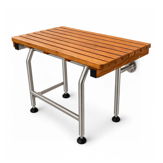 Teak Shower Seat Bench with Drop Down Legs – ADA Compliant Folding Teak Shower Bench, Wall Mounted Fold Up Bath Seat, 400 lb Capacity, Waterproof Teak Wood (24 Inches)